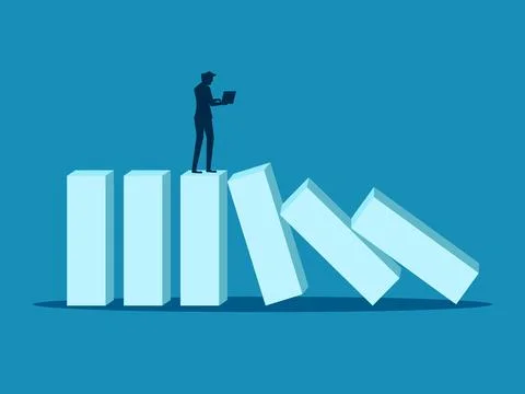 Problem solving strategies. Businessman stops falling dominoes Illustrazione stock