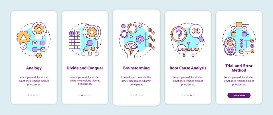 Problem solving strategies onboarding mobile app page screen with concepts 스톡 일러스트