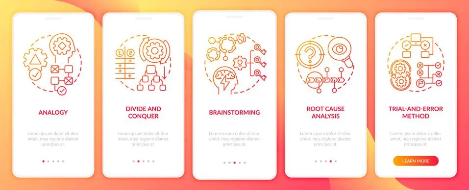 Problem solving strategies red onboarding mobile app page screen with concepts 스톡 일러스트