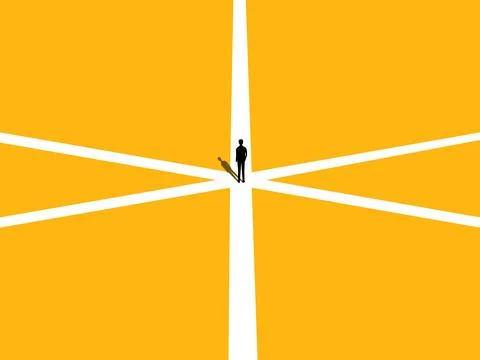 Problem solving strategy. Businessman makes a choice at a crossroads. vector Illustrazione stock