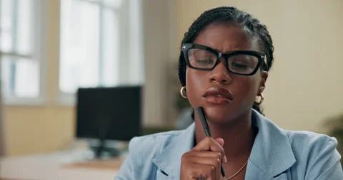 Problem solving, thinking and video call with business black woman in office for Stock Footage 300842473