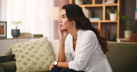 Problem solving, thinking and woman in home for reflection of mindset or lost in Stock Footage 305621419