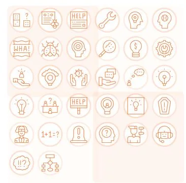 Problem Solving Vector Icon Collection with 32 64x64 Thin Line Designs Stock Illustration