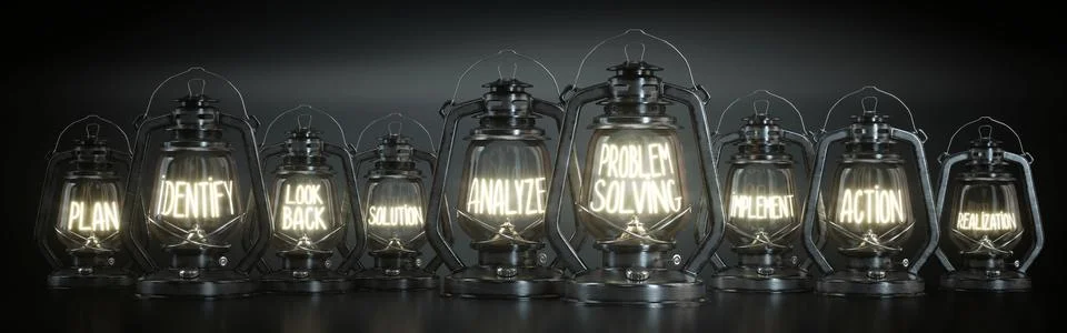 Problem Solving - Vintage Kerosene Lanterns - 3d illustration Stock Illustration
