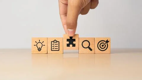 Problem solving workflow concept with IDEA, PLAN, SOLVE, TEST and RESULT wo.. Stock Photos