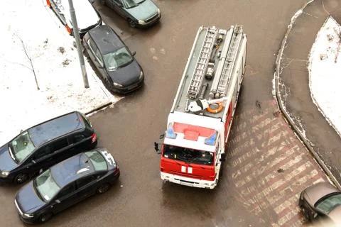 Problem. The special fire truck cannot drive in the courtyard of a multi-stor Stock Photos
