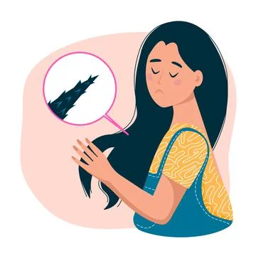 Problem of split ends. Sad girl looks at her damaged long hair. Vector Stock Illustration