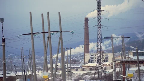 The problem of the surrounding nature. Industrial pipes pollute the atmosphere w Stock Footage 100346942