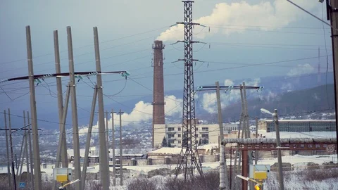 The problem of the surrounding nature. Industrial pipes pollute the atmosphere w Stock-Footage 100346951