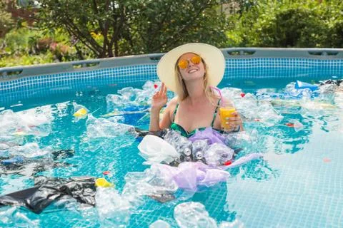 Problem of trash, plastic recycling, pollution and environmental concept - silly Stock Photos