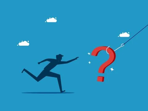 Problems and deception. man chasing a question mark on a hook Illustrazione stock