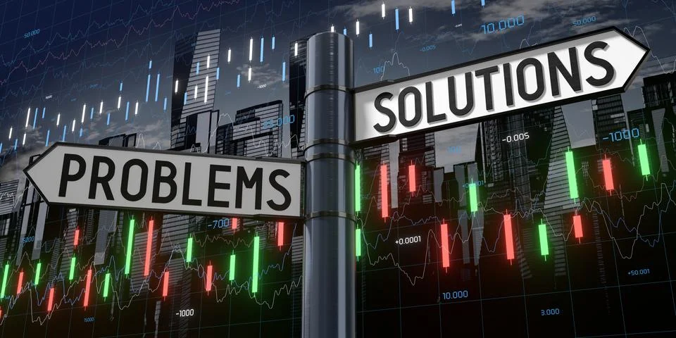 Problems and solutions - signpost with two arrows and financial data Stock Illustration