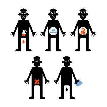 Problems with the gastrointestinal and urinary tract.The set of icons. Stock Illustration