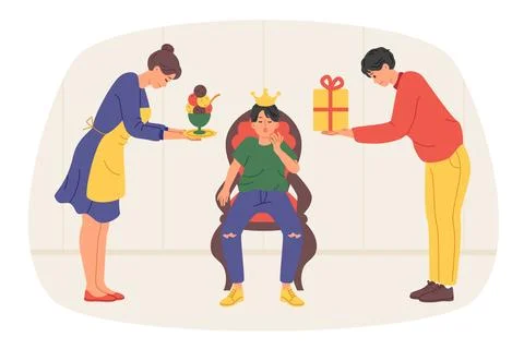 Problems in raising spoiled boy, parents trying to please beloved son with gifts Stock Illustration