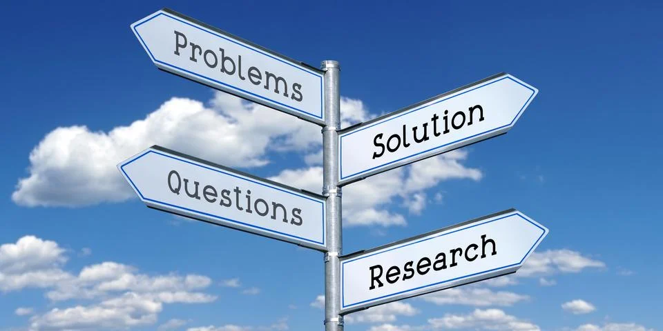 Problems, solution, questions, research - metal signpost with four arrows Illustrazione stock