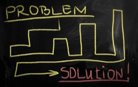 Problems Solutions handwritten with white chalk on a blackboard Problems S... Foto stock