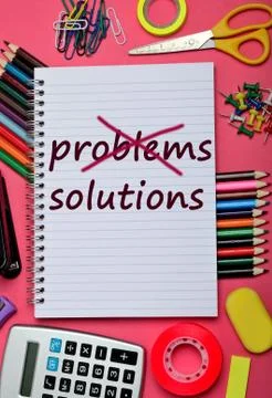 Problems Solutions words on notebook Stock Photos