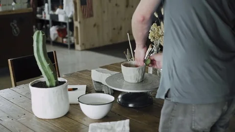 Proccess of artisan clay ceramic workshop creation Stock Footage 79827576