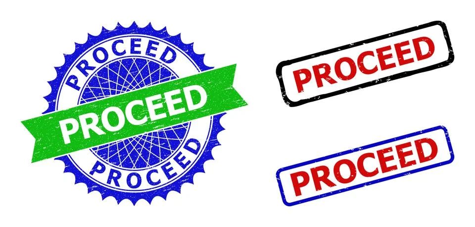 PROCEED Rosette and Rectangle Bicolor Seals with Unclean Surfaces Stock Illustration