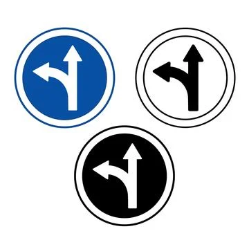 Proceed Straight Or Turn Left Signs. Blue Round Road Signs. Black and White.. Stock Illustration