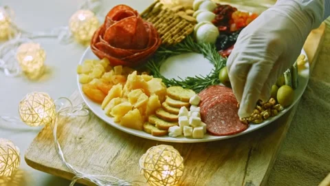 The process before after of making flat charcuterie with salami, different kinds Stock Footage 218475259