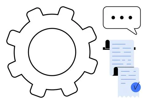 Process and Communication Elements with Gear, Speech Bubble, and Document Stock Illustration