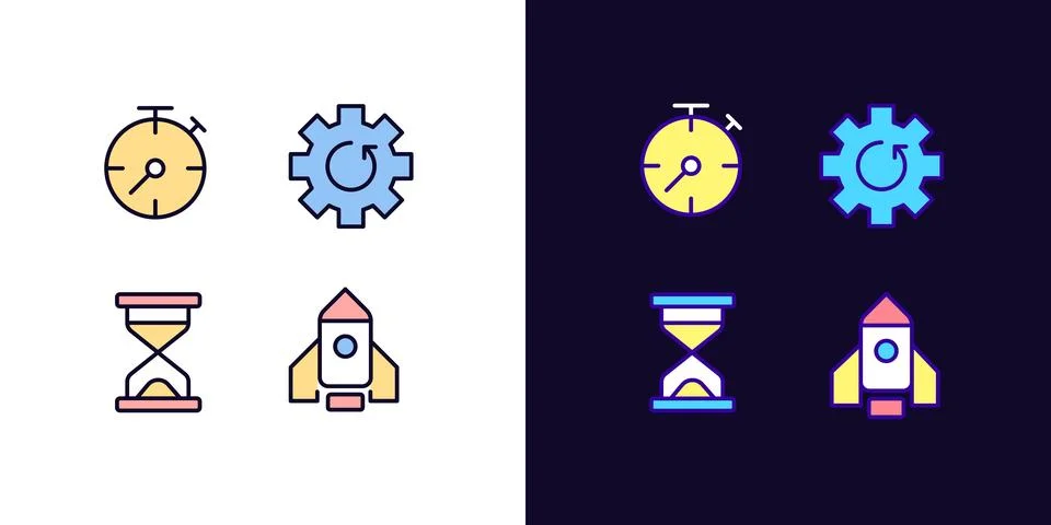 Process and operation pixel perfect light and dark theme color icons set Stock Illustration