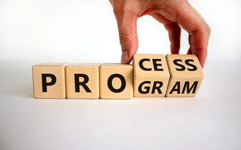 Process and program symbol. Businessman turns wooden cubes and changes the wo Stock Photos