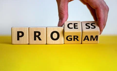 Process and program symbol. Businessman turns wooden cubes and changes the wo Stock Photos