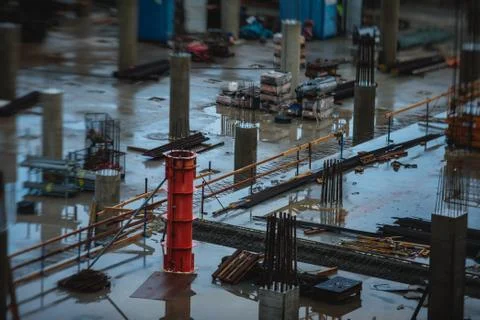 Process of apartment block construction, building site of multistoried reside Stock Photos