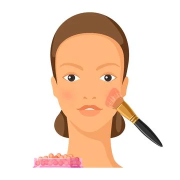 Process of applying blush to face. Illustration of beautiful woman with make up. Stock Illustration