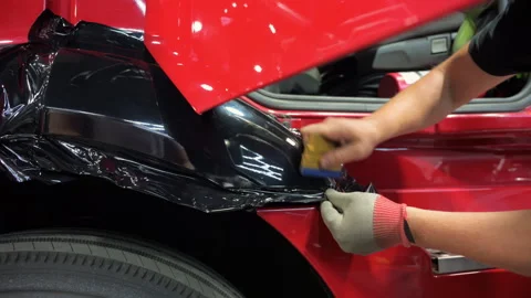 Process of applying a dark PPF film with scraper to a truck side. Close up Vidéo 294963640