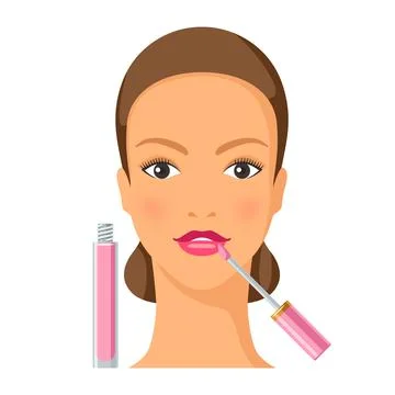 Process of applying lip gloss to face. Illustration of beautiful woman with make Stock Illustration