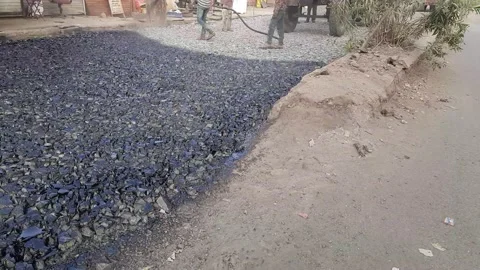 Process of asphalting, blacktopping, and paving, asphalt paver machine and Stock Footage 200779800