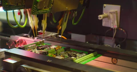 Process of assembling an electronic board with a special robotic cnc machine. Stock Footage 152650561