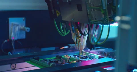 Process of assembling an electronic board with a special robotic cnc machine. Stock Footage 152789706