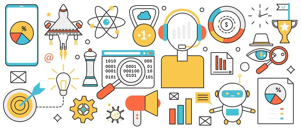 Process of automation in industry, robots, launch of rocket and creative startup Illustrazione stock