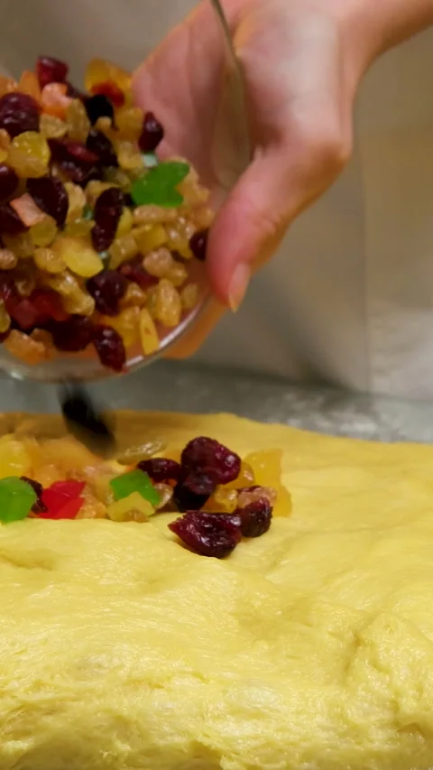 Process of baking Easter bread with raisins soaked in cognac. homemade holiday Stock Footage 346186858