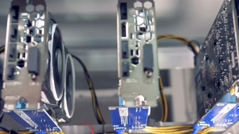 Process of bitcoin mining performed by functioning graphic cards Video stock 88648385
