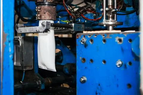 The process of blowing plastic tanks in extrusion equipment. Stock Photos