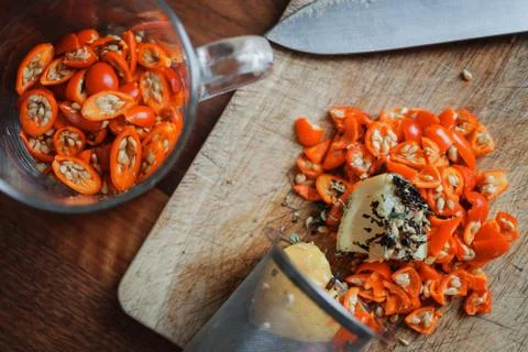 Process of brewing tea with rose hips, black tea and lemon, top view. Stock Photos