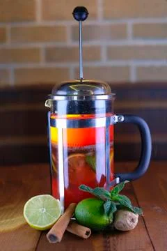 The process of brewing tea, a tea ceremony, a cup of freshly brewed fruit and Stock Photos
