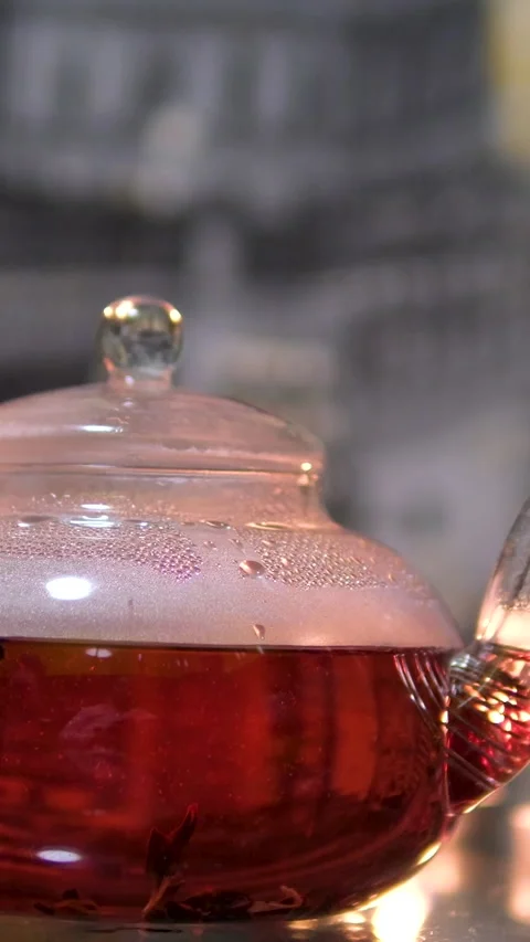 The process of brewing tiled fermented tea leaves in a glass teapot. Making Stock Footage 313736758