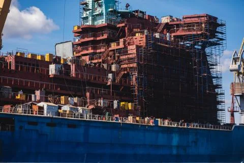 Process of building and construction a massive russian nuclear-powered icebre Stock Photos