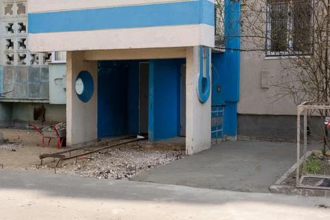 The process of building a blind area for the foundation of a house: sand, cru Stock Photos