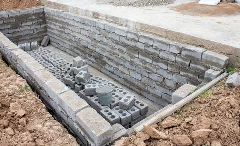 The process of building a home pool for storing water Stock Photos