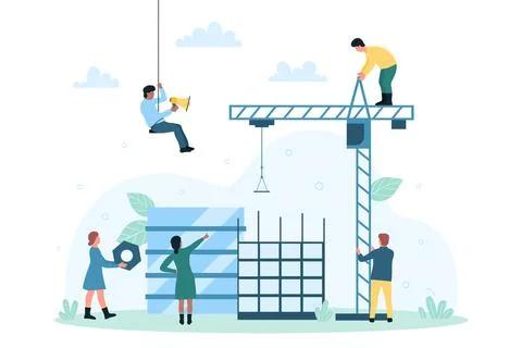 Process of building modern skyscraper at construction site with tiny workers Ilustración de archivo