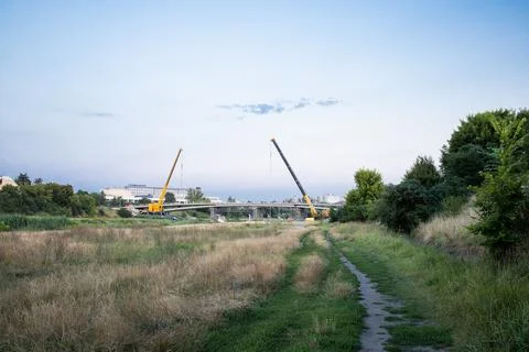 Process of building a new bridge through Warta river in Poznan, Poland Stock Photos