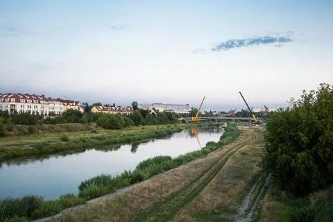 Process of building a new bridge through Warta river in Poznan, Poland Stock Photos