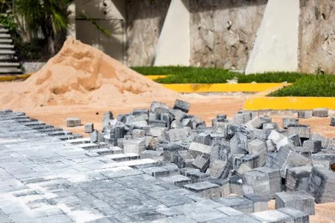 Process of building road with paving stone 스톡 사진